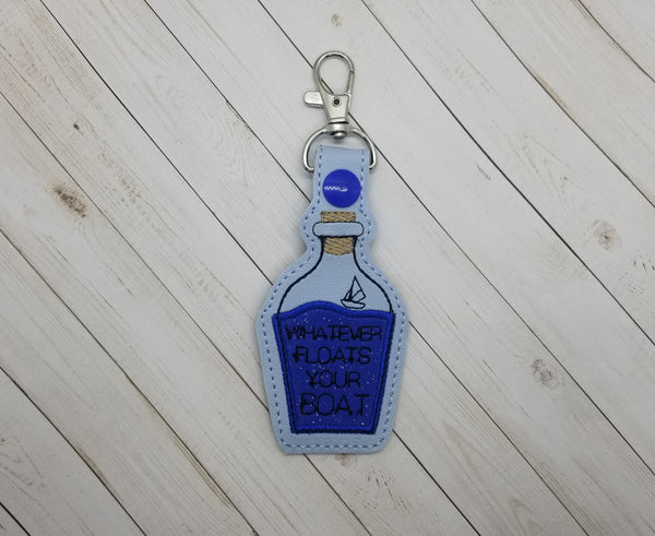 Boat in a Bottle Applique DIGITAL Embroidery File, In The Hoop Key fob, Snap tab, Keychain