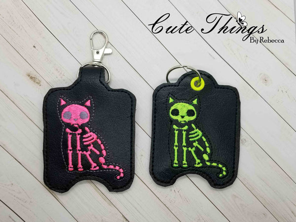 Cat Skeleton DIGITAL Embroidery File, Hand Sanitizer Holder, In The Hoop Snap tab, Keychain 4x4, 5x7