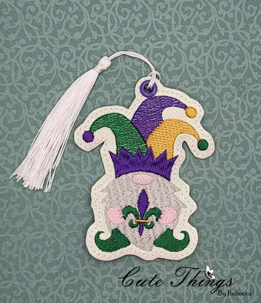Mardi Gras Gnome DIGITAL Embroidery File, In The Hoop Bookmark, Ornament, Gift Bag Tag, Eyelet