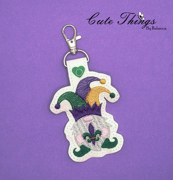 Mardi Gras Gnome DIGITAL Embroidery File, In The Hoop Key fob, Snap tab, Keychain, Bag Tag