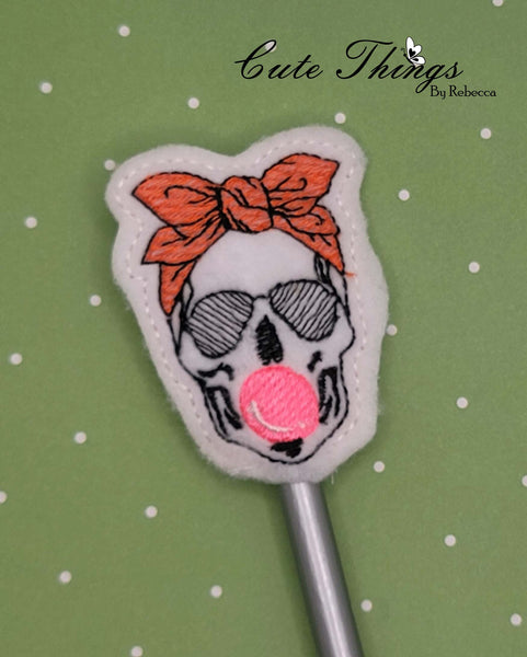 Bubblegum Skull DIGITAL Embroidery File, In The Hoop, Pencil Topper
