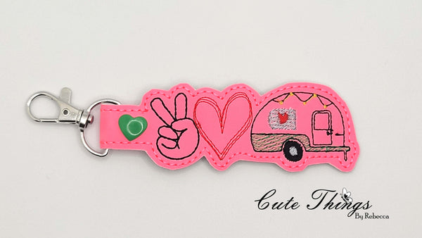 Peace Love Camper DIGITAL Embroidery File, In The Hoop Key fob, Snap tab, Keychain, Bag Tag