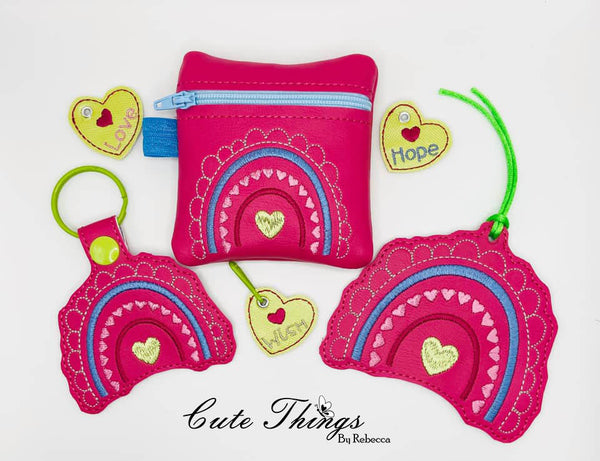 Valentine BoHo Rainbow Bundle DIGITAL Embroidery File, In The Hoop, 4x4bag, Bookmark, Snap tab, and three charms