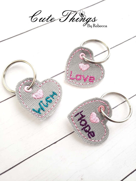 Heart set of Three Charms, Zipper Pulls, DIGITAL Embroidery File, In The Hoop, Keychain, Bag Tag, Eyelet