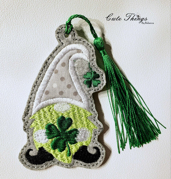 St. Patrick's Clover Gnome Applique DIGITAL Embroidery File, In The Hoop Bookmark, Ornament, Gift Bag Tag, Eyelet
