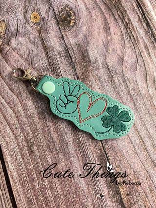 Peace, Love, Clover DIGITAL Embroidery File, In The Hoop Key fob, Snap tab, Keychain, Bag Tag
