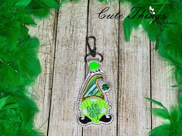 St. Patrick's Clover Gnome Applique DIGITAL Embroidery File, In The Hoop Key fob, Snap tab, Keychain, Bag Tag