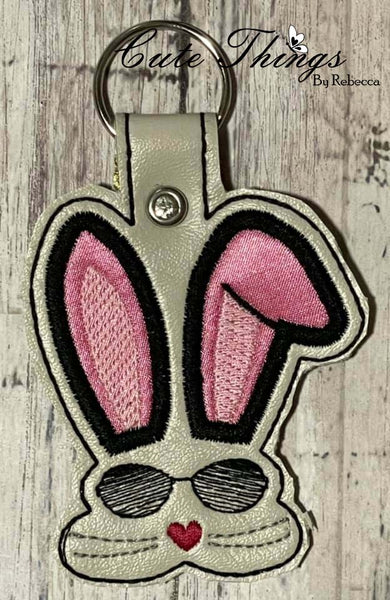 Cool Bunny with Sunglasses Applique Ears DIGITAL Embroidery File, In The Hoop Key fob, Snap tab, Keychain, Bag Tag