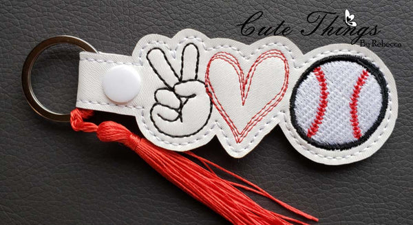 Peace Love Baseball DIGITAL Embroidery File, In The Hoop Key fob, Snap tab, Keychain, Bag Tag