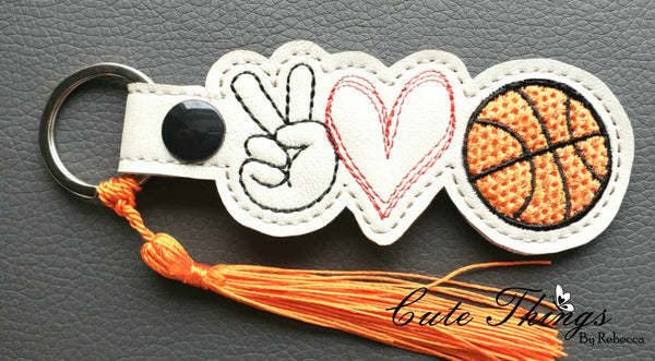 Peace Love Basketball DIGITAL Embroidery File, In The Hoop Key fob, Snap tab, Keychain, Bag Tag