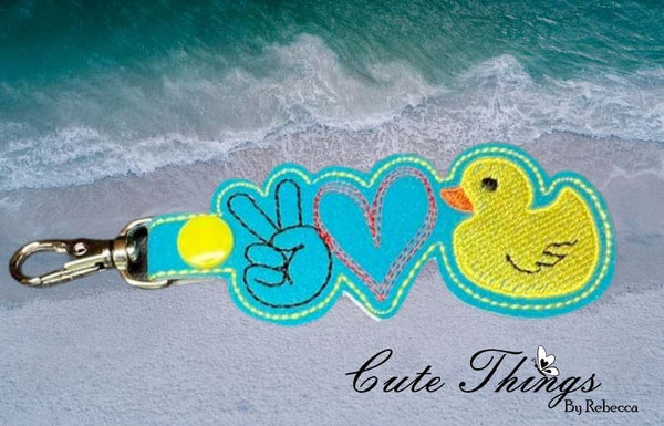 Peace Love Duck DIGITAL Embroidery File, In The Hoop Key fob, Snap tab, Keychain, Bag Tag