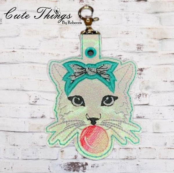 Bubblegum Cat Applique DIGITAL Embroidery File, In The Hoop Key fob, Snap tab, Keychain, Bag Tag