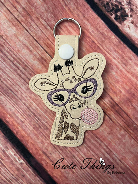 Bubblegum Giraffe DIGITAL Embroidery File, In The Hoop Key fob, Snap tab, Keychain, Bag Tag