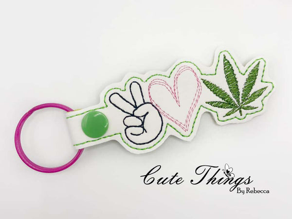 Peace Love Pot Leaf DIGITAL Embroidery File, In The Hoop Key fob, Snap tab, Keychain, Bag Tag