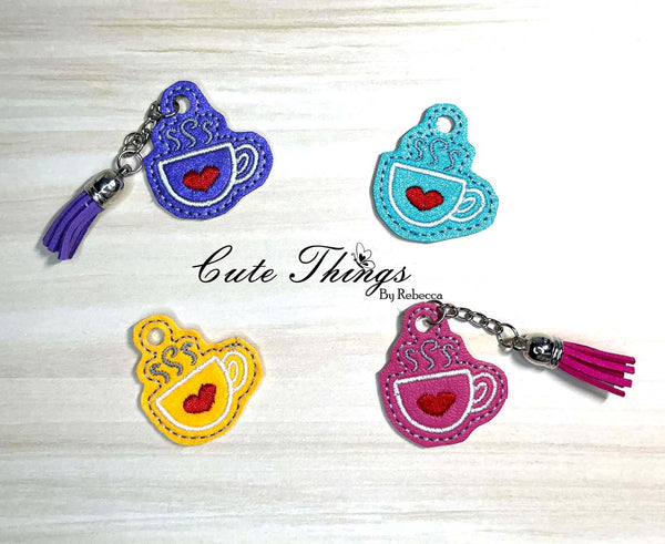 Coffee Cup Charms , Zipper Pulls, DIGITAL Embroidery File, In The Hoop, Keychain, Bag Tag, Eyelet