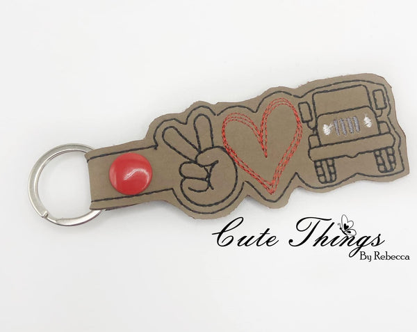 Peace Love Jeep DIGITAL Embroidery File, In The Hoop Key fob, Snap tab, Keychain, Bag Tag