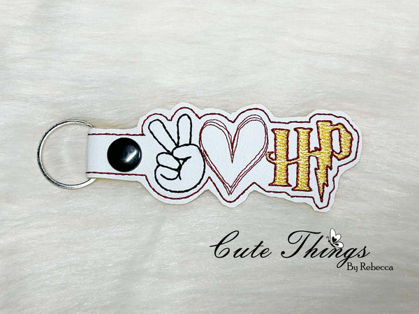 Peace Love Harry Potter DIGITAL Embroidery File, In The Hoop Key fob, Snap tab, Keychain, Bag Tag
