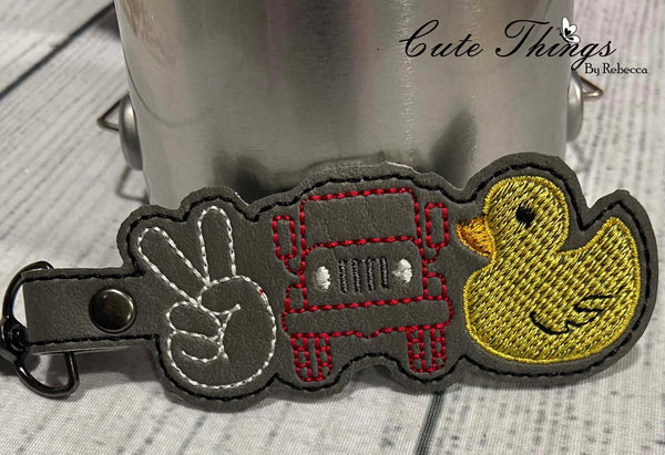 Peace Jeep Duck DIGITAL Embroidery File, In The Hoop Key fob, Snap tab, Keychain, Bag Tag