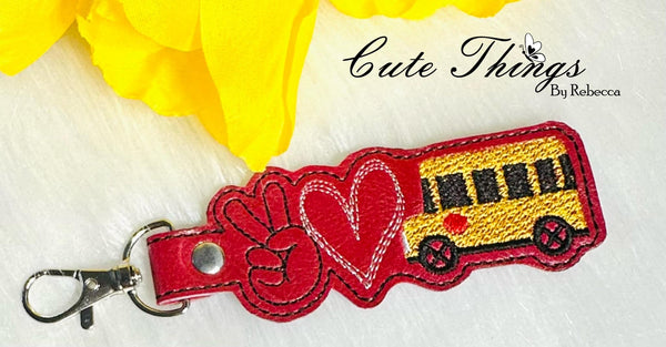 Peace Love School Bus DIGITAL Embroidery File, In The Hoop Key fob, Snap tab, Keychain, Bag Tag