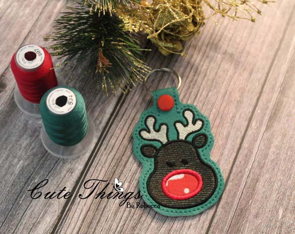 Red Nose Deer Applique DIGITAL Embroidery File, In The Hoop Key fob, Snap tab, Keychain, Bag Tag