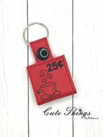 Coffee Quarter Keeper  DIGITAL Embroidery File, In The Hoop Key fob, Snap tab, Keychain, Bag Tag