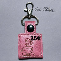 Coffee Quarter Keeper  DIGITAL Embroidery File, In The Hoop Key fob, Snap tab, Keychain, Bag Tag