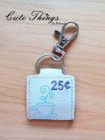 Coffee Quarter Keeper  DIGITAL Embroidery File, In The Hoop Key fob, Snap tab, Keychain, Bag Tag