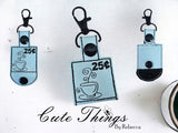 Coffee Quarter Keeper  DIGITAL Embroidery File, In The Hoop Key fob, Snap tab, Keychain, Bag Tag