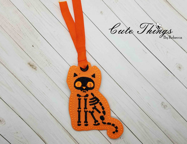 Cat Skeleton DIGITAL Embroidery File, In The Hoop Bookmark, Ornament, Gift Bag Tag, Eyelet