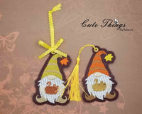 Cute Fall Gnome DIGITAL Embroidery File, In The Hoop Bookmark, Ornament, Gift Bag Tag, Eyelet