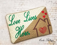 Love Lives Here Mug Rug DIGITAL Embroidery File 5x7, 6x10