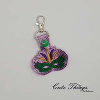 Mardi Gras Mask DIGITAL Embroidery File, In The Hoop Key fob, Snap tab, Keychain, Bag Tag