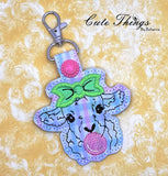 Bubblegum Lamb DIGITAL Embroidery File, In The Hoop Key fob, Snap tab, Keychain, Bag Tag