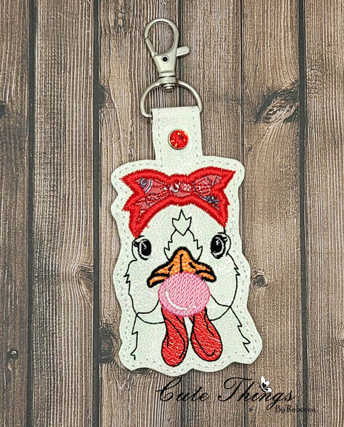 Bubblegum Chicken Applique Bow DIGITAL Embroidery File, In The Hoop Key fob, Snap tab, Keychain, Bag Tag