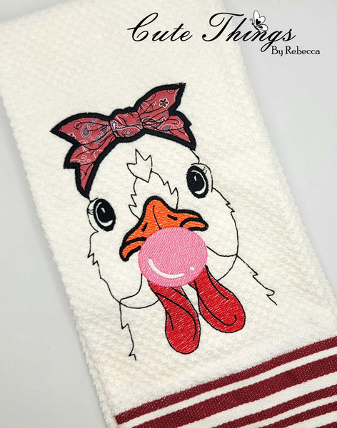 Bubblegum Chicken Applique Bow DIGITAL Embroidery File, 4x4, 5x7, 6x10, 7x12,