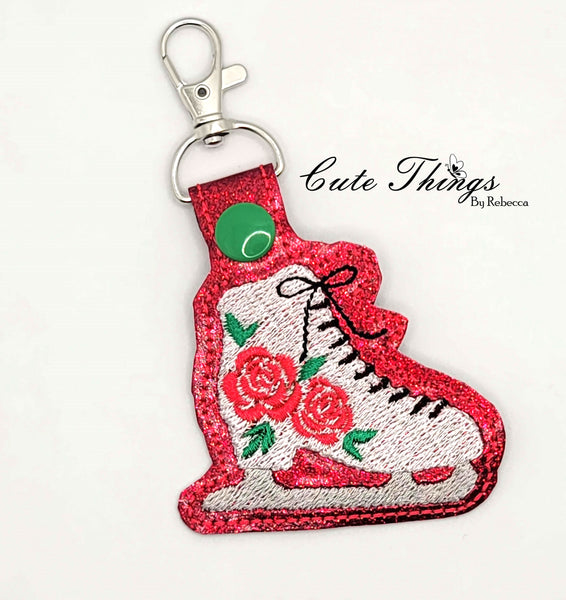 Pretty Ice Skate DIGITAL Embroidery File, In The Hoop Key fob, Snap tab, Keychain, Bag Tag