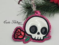 Skull with Rose Applique DIGITAL Embroidery File, In The Hoop Bookmark, Ornament, Gift Bag Tag, Eyelet