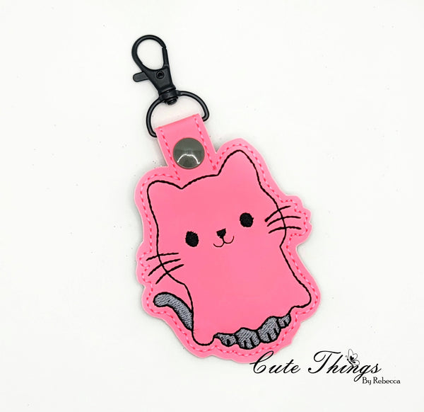 Ghost Kitty DIGITAL Embroidery File, In The Hoop Key fob, Snap tab, Keychain, Bag Tag