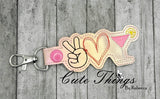 Peace Love Cosmopolitan DIGITAL Embroidery File, In The Hoop Key fob, Snap tab, Keychain, Bag Tag