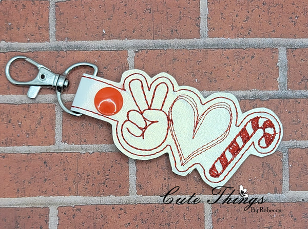 Peace Love Candy Cane DIGITAL Embroidery File, In The Hoop Key fob, Snap tab, Keychain, Bag Tag