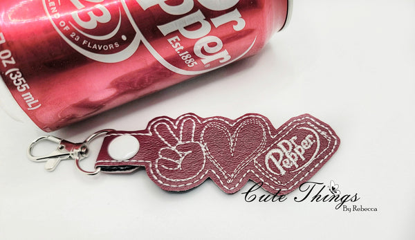 Peace Love Dr. Pepper DIGITAL Embroidery File, In The Hoop Key fob, Snap tab, Keychain, Bag Tag