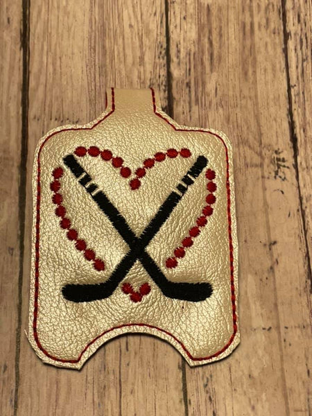 Hockey Love DIGITAL Embroidery File, Hand Sanitizer Holder, In The Hoop Snap tab, Keychain 4x4, 5x7