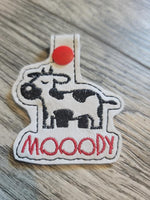 Mooody  DIGITAL Embroidery File, In The Hoop Key fob, Snap tab, Keychain