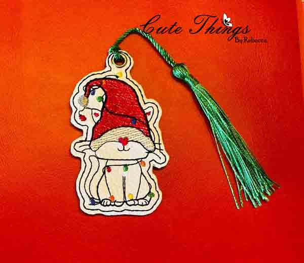 Cute Cat Gnome DIGITAL Embroidery File, In The Hoop Bookmark, Ornament, Gift Bag Tag, Eyelet
