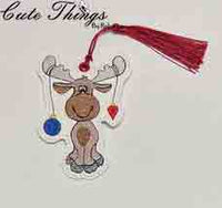 Cute Christmas Moose DIGITAL Embroidery File, In The Hoop Bookmark, Ornament, Gift Bag Tag, Eyelet