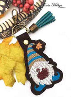 Cute Fall Gnome DIGITAL Embroidery File, In The Hoop Key fob, Snap tab, Keychain, Bag Tag