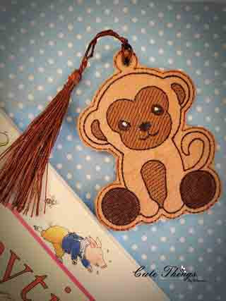 Cute Monkey DIGITAL Embroidery File, In The Hoop Bookmark, Ornament, Gift Bag Tag, Eyelet