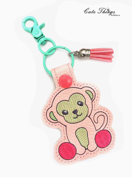 Cute Monkey DIGITAL Embroidery File, In The Hoop Key fob, Snap tab, Keychain, Bag Tag