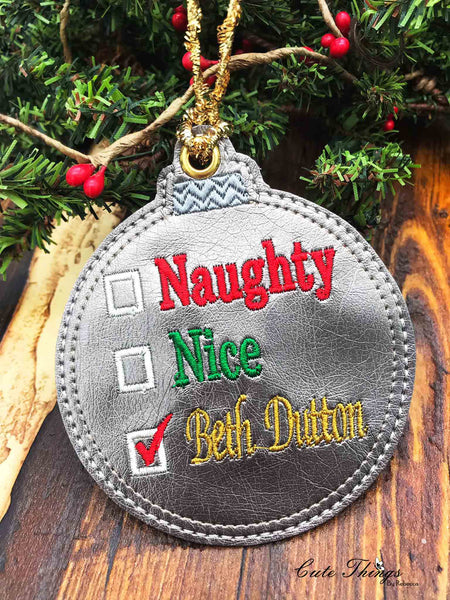 Naughty Nice Beth  DIGITAL Embroidery File, In The Hoop Bookmark, Ornament, Gift Bag Tag, Eyelet