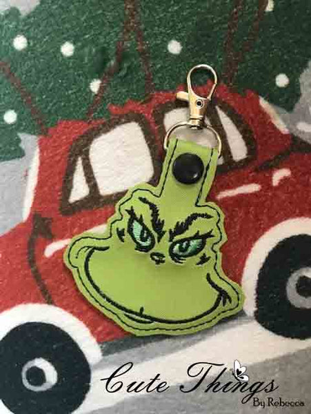 Grinch Face DIGITAL Embroidery File, In The Hoop Key fob, Snap tab, Keychain, Bag Tag